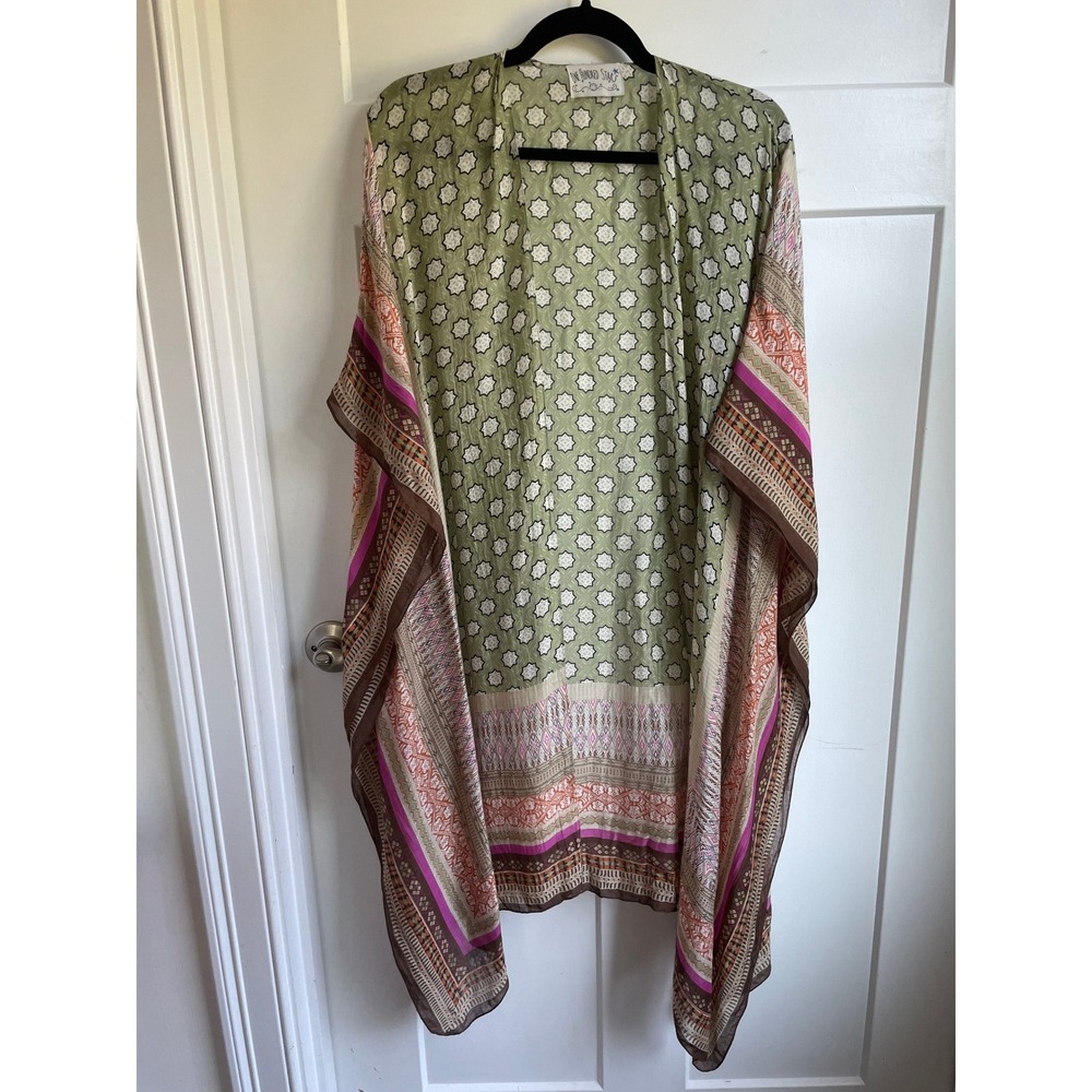 One Hundred Stars Moorish Green Throwover Kimono Beach Viscose Resort Boho OS - Picture 4 of 8